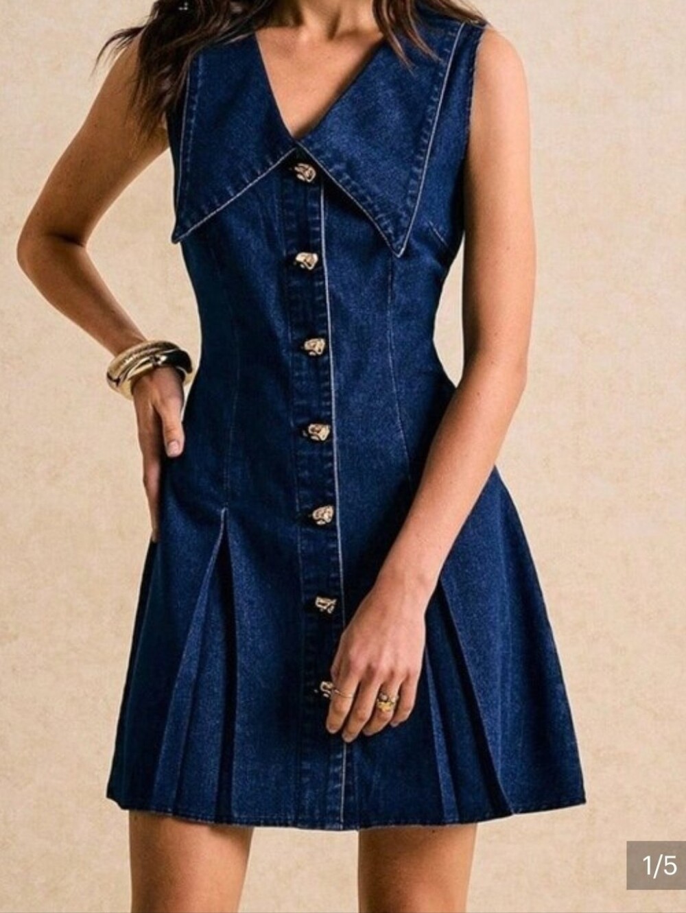 Dark Wash Casual Women's Front Button Pleated Sleeveless Denim Mini Dress